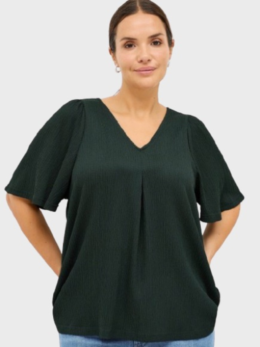 ELLOS V-Neck Flutter Sleeve Women's Top in Dark Green Plus Size 2X 3X